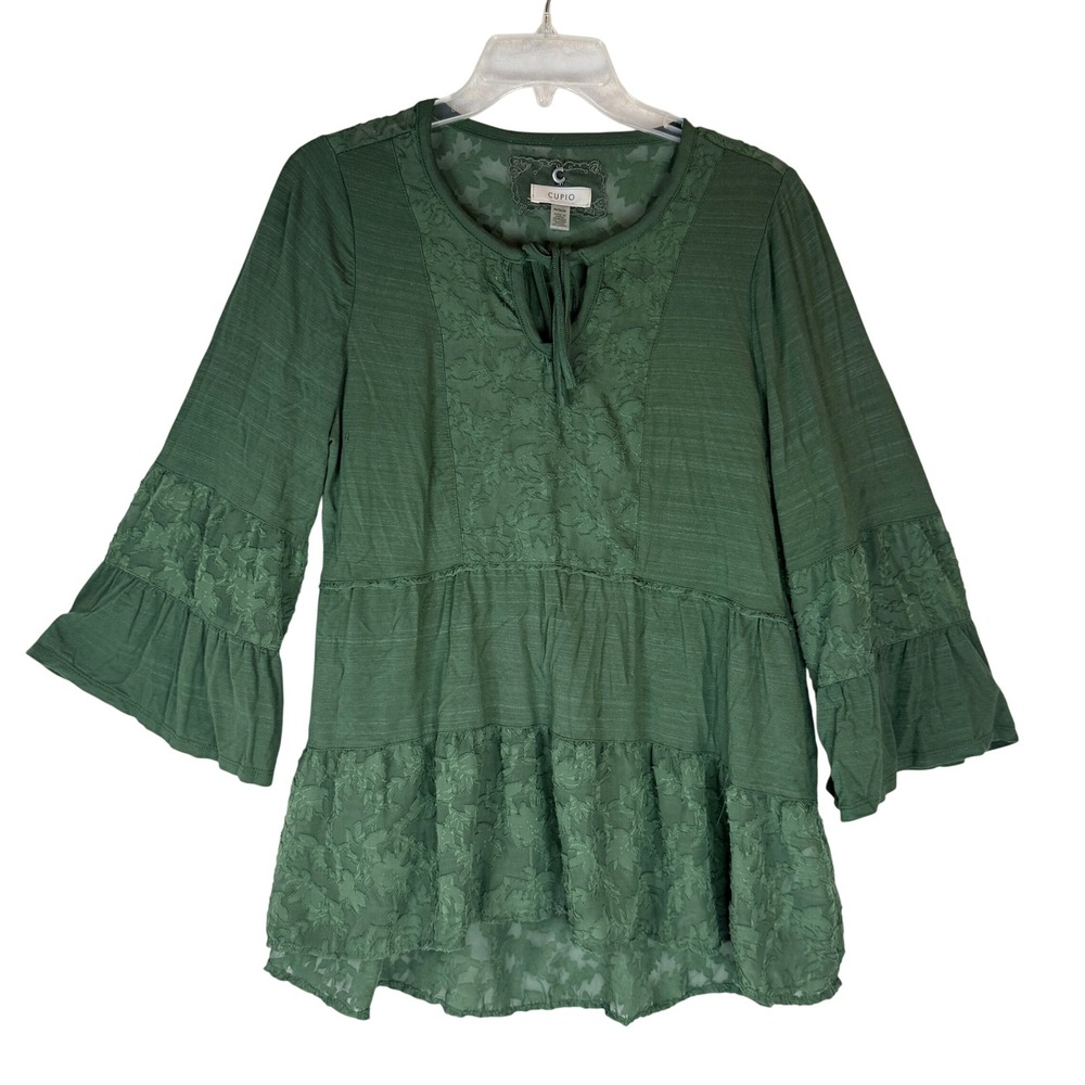 Cupio Women's M Green Lace Boho Peasant Tunic Top Bell Sleeve Ruffle‎ Hem
